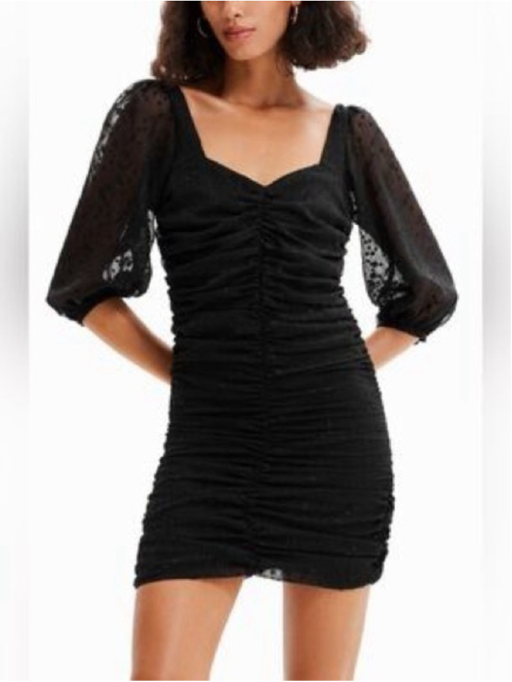 NEW Desigual Black Ruched Puff-Sleeve Mini Dress Size L